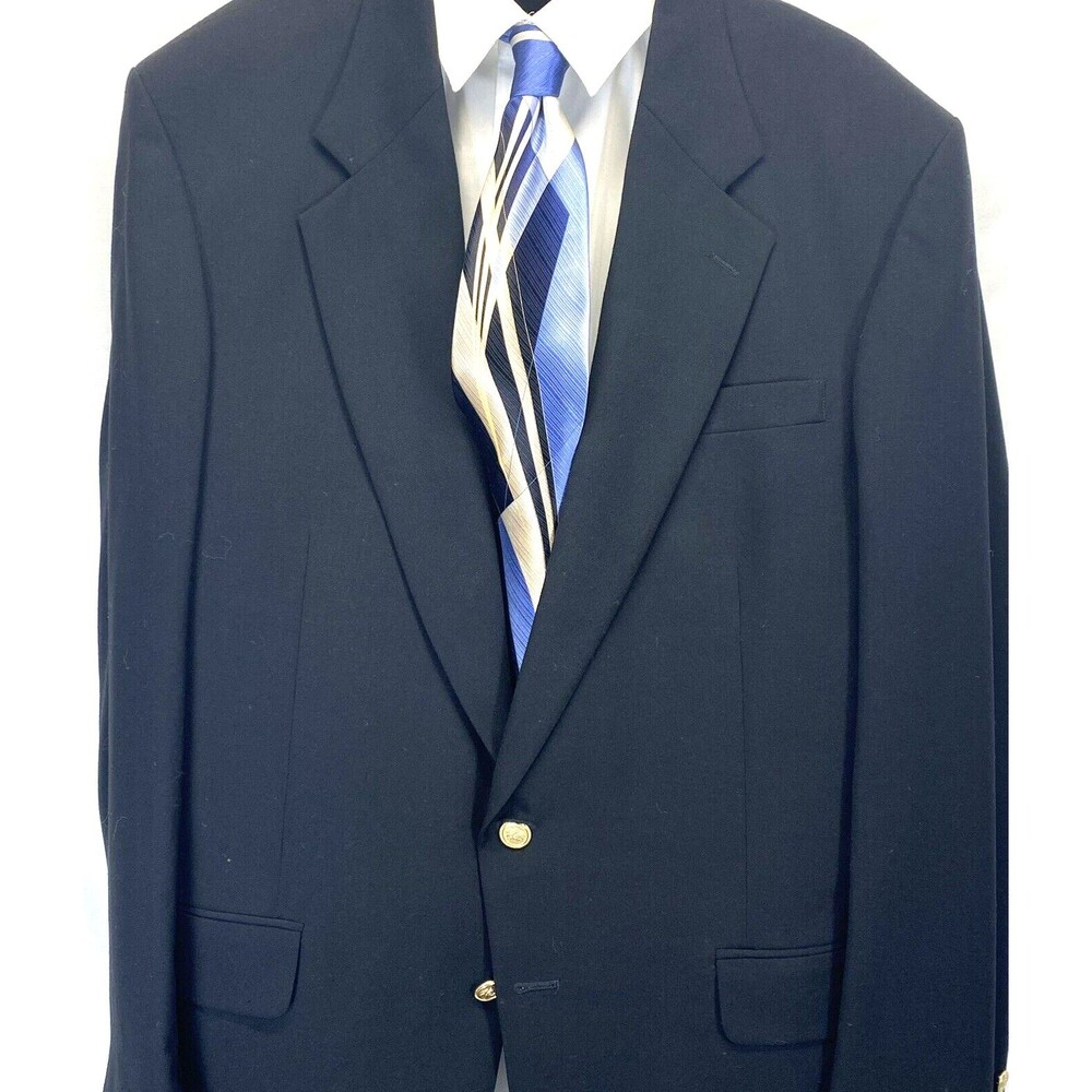 VTG Stafford Men's Worsted Wool Black Blazer Sport Coat Jacket Gold Buttons 42L